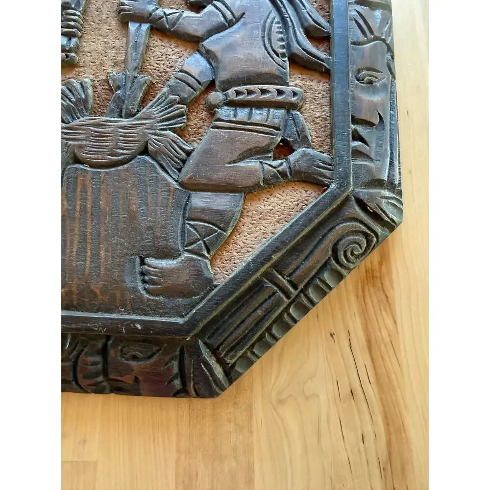 VINTAGE Guatemala Mayan Carved Wood Wall Plaque Folk Art 14.5 Hanging Decor Wall